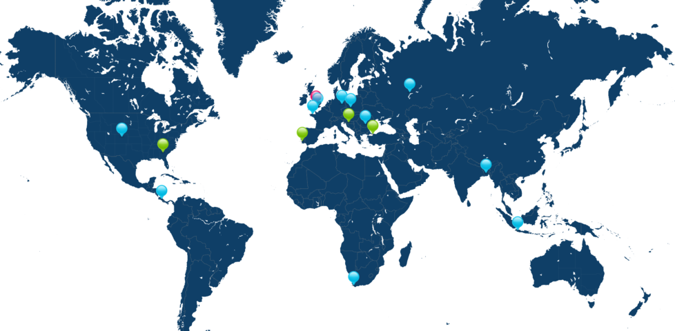World map showing the locations of Dan, his immediate team, and its parent team. There's a cluster of nine pins Europe, a few pins further East in Russia and Indonesia, one in Cape Town, two in North America, and one in Central America.