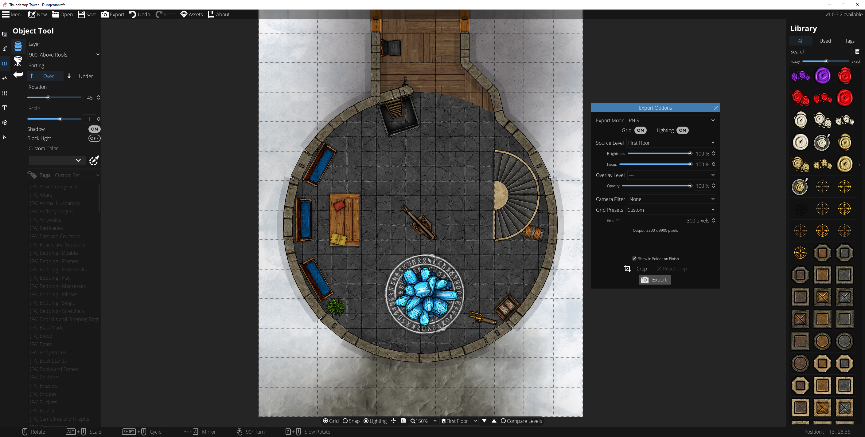 Full image of Screenshot showing Dungeondraft being used to edit a circular tower. The Export window is visible.