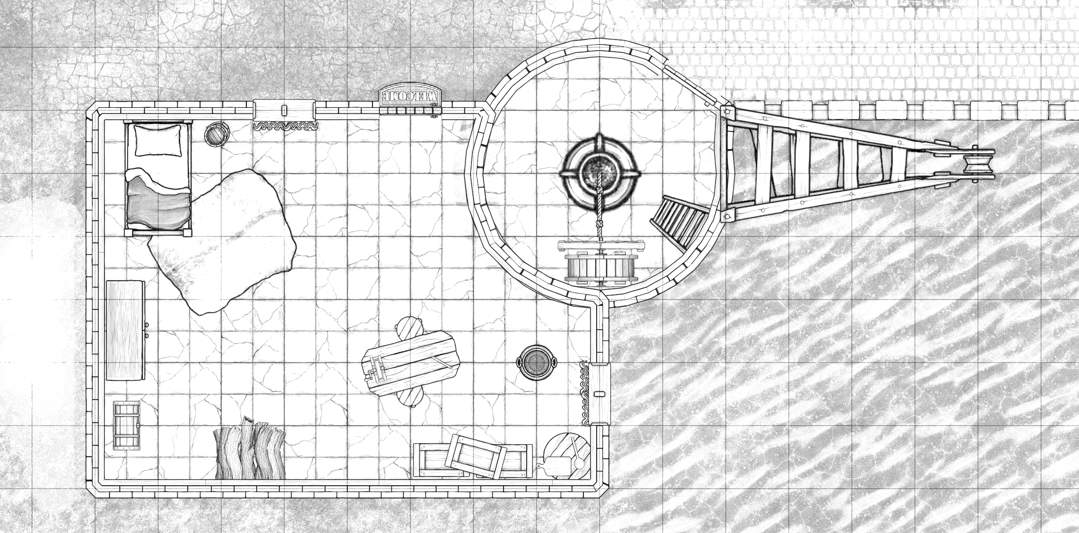 Full image of Monochrome map showing a crane tower and attached dwelling.