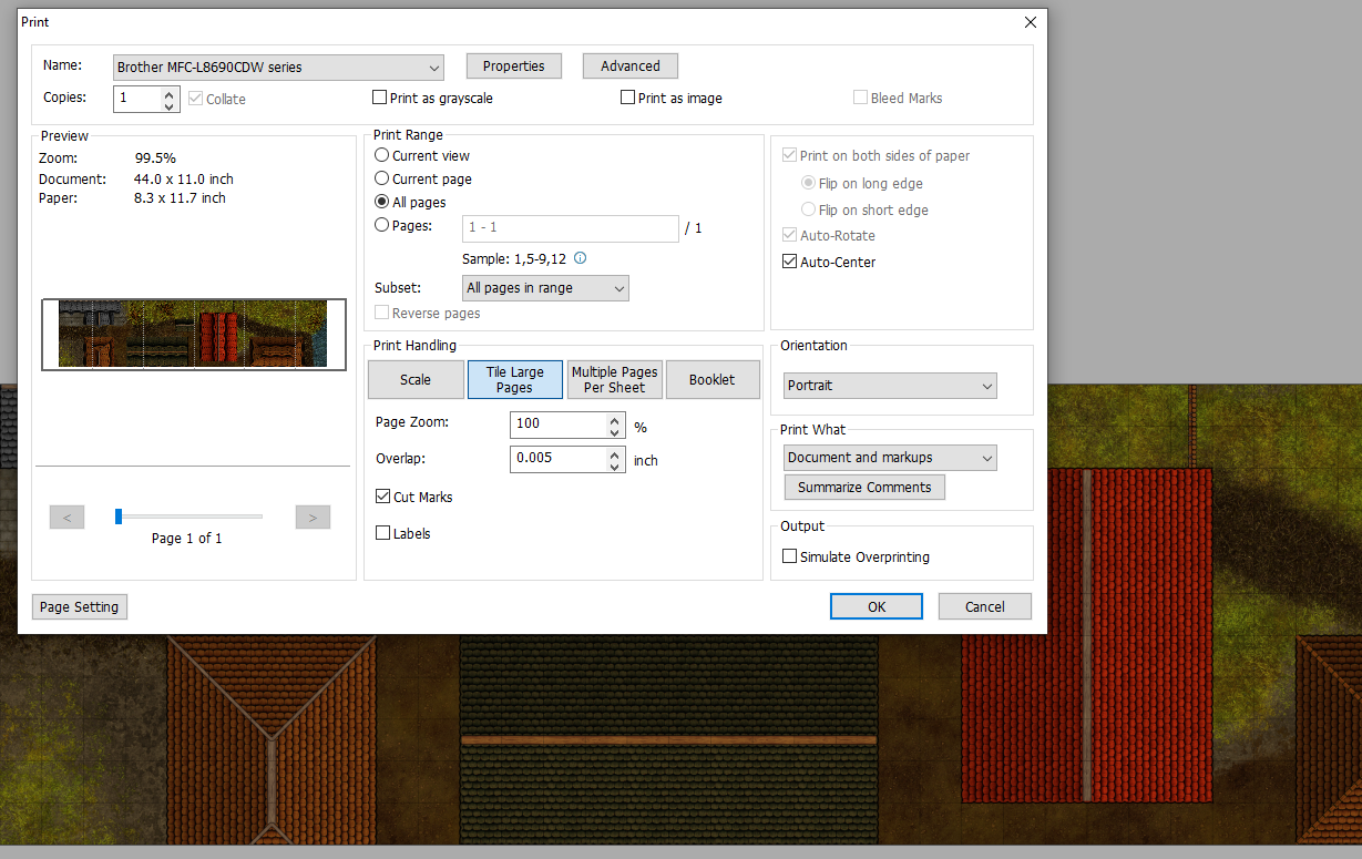 Full image of Foxit print dialog showing a preview of a map printed across 6 sheets of A4 paper.