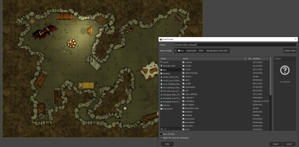 Screenshot showing a cavern map in Gimp, with the Export Image dialog open and PDF selected as the output format.