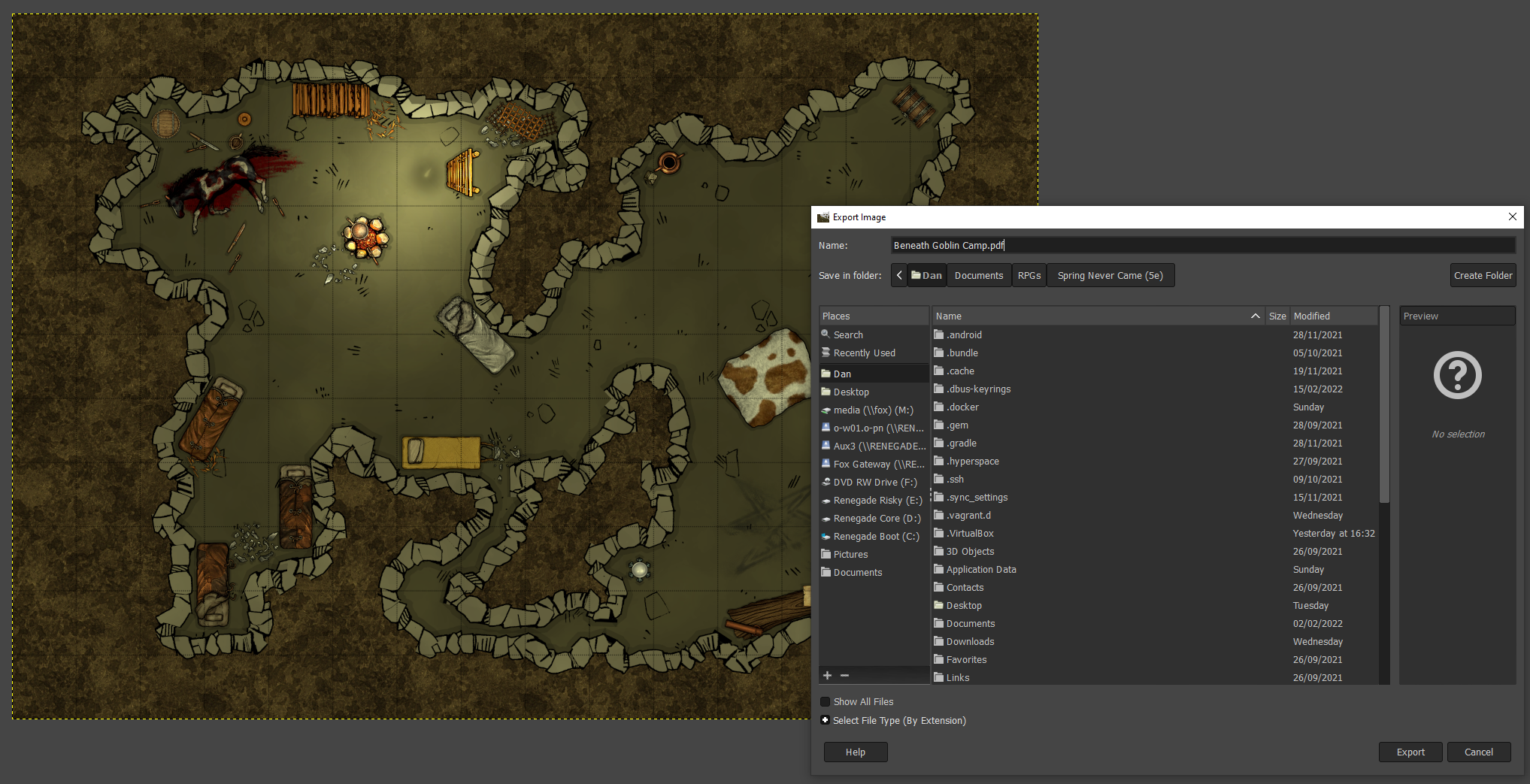 Full image of Screenshot showing a cavern map in Gimp, with the Export Image dialog open and PDF selected as the output format.