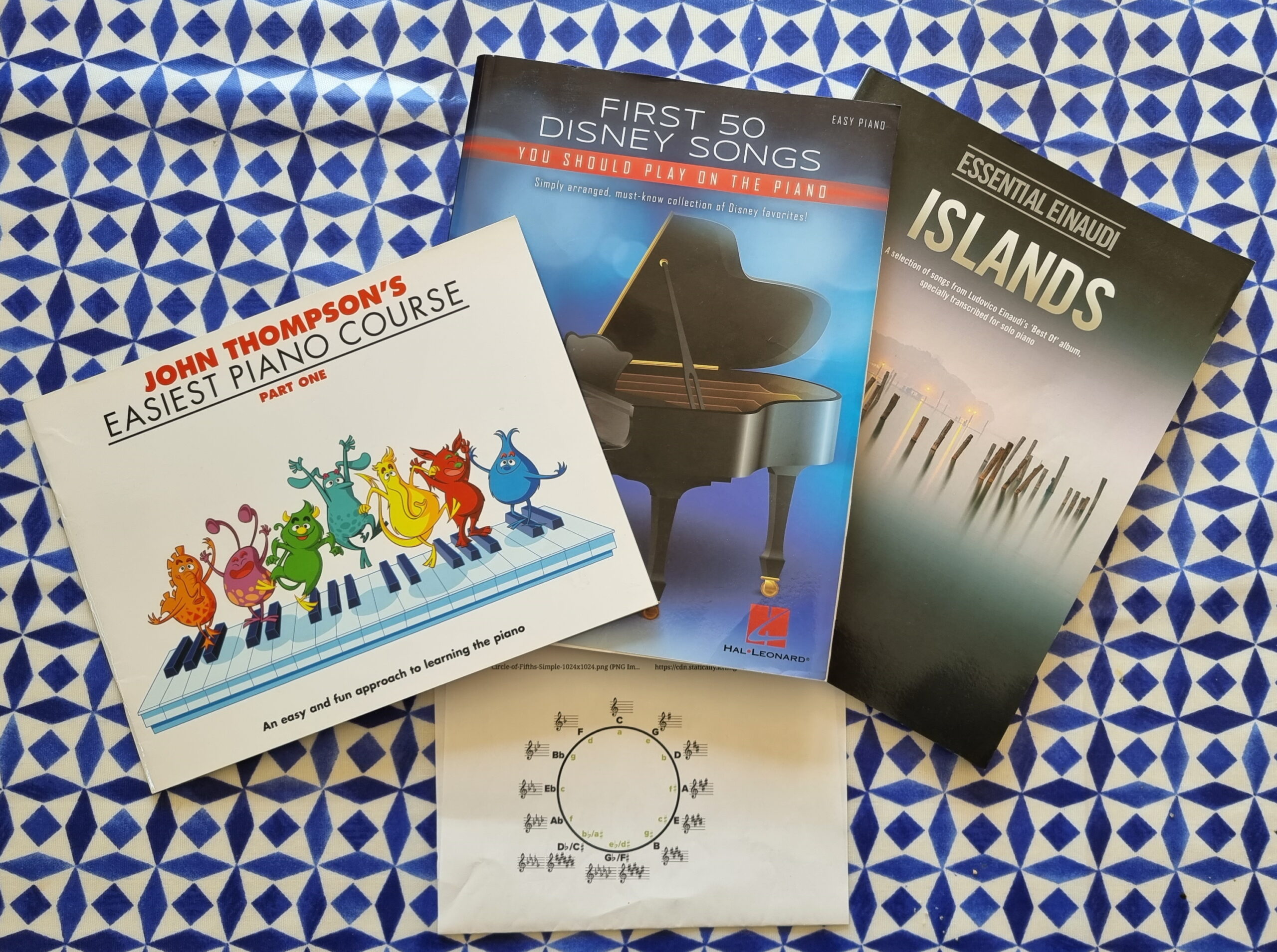 Full image of Three books on a blue-and-white tablecloth: John Thompson's Easiest Piano Course (Part One), First 50 Disney Songs, and Essential Einaudi - Islands. Beneath them sits a simplified diagram showing the circle of fifths.