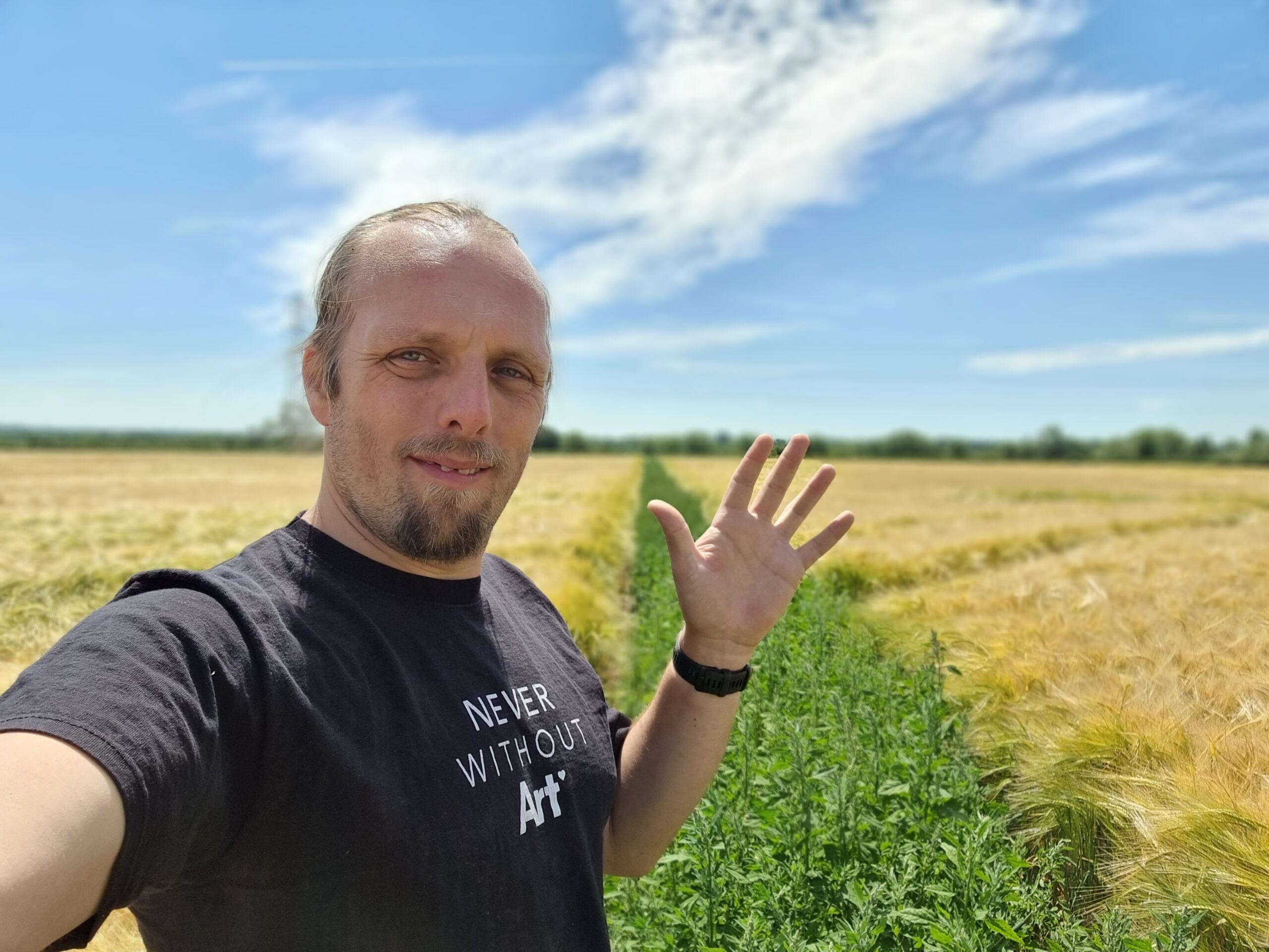 Full image of Dan, in a black t-shirt with "never without art" written on it, waves to the camera. He's standing in a cornfield, but the "path" that cuts diagonally through it is filled with plants to a similar height as the corn, making it hard to pass.