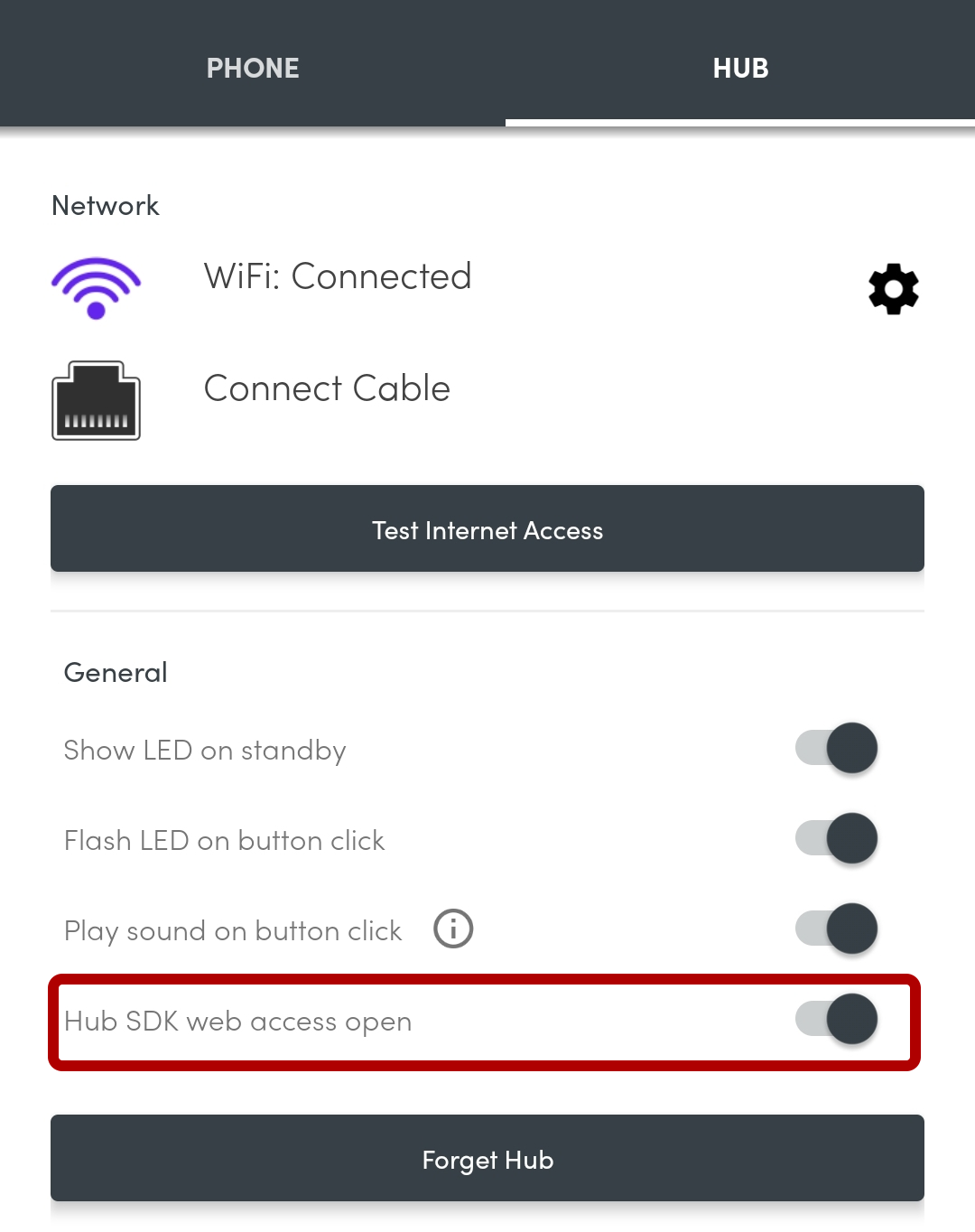 Full image of Screenshot showing the location of the enabled "Hub SDK web access open" setting in the Flic Hub settings page of the Flic app.