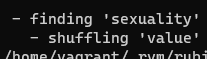 Screenshot of log output, reading: finding 'sexuality', shuffling 'value'.