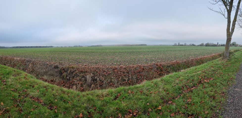 Panorama showing flat autumn fields, fallow, on the other side of a ditch. A distant tree line and farm buildings mark the far end of the field.