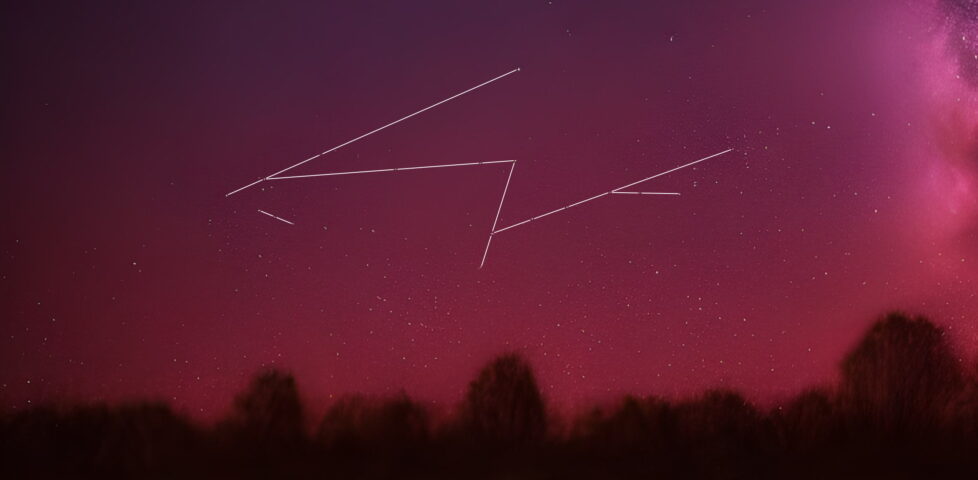 A deep red sky over the silhouette of a treeline, with stars beginning to appear. Six crisscrossing straight lines each connect three to five stars in a row, giving the illusion that their location is not random.
