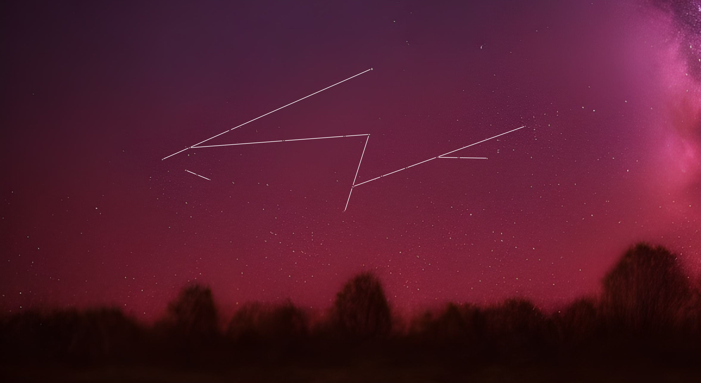 Full image of A deep red sky over the silhouette of a treeline, with stars beginning to appear. Six crisscrossing straight lines each connect three to five stars in a row, giving the illusion that their location is not random.