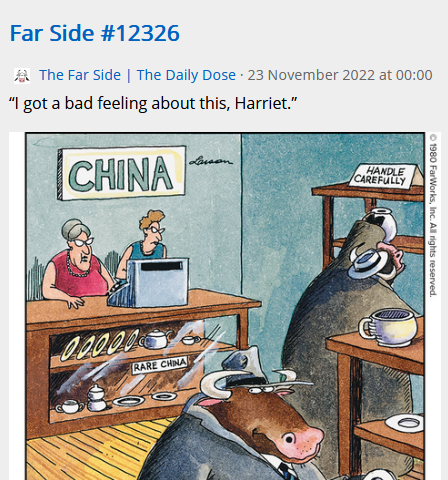 Far Side comic #12326, from 23 November 2022, shown in FreshRSS. The comic shows two bulls dressed in trenchcoats and hats browsing a china shop; one staff member says to the other "I got a bad feeling about this, Harriet."