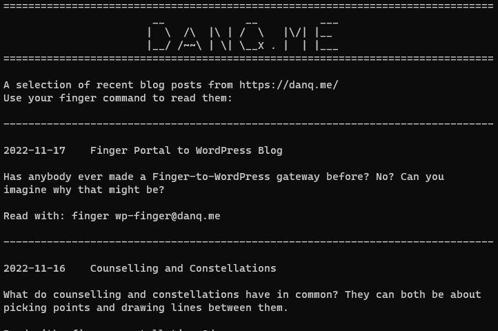 Screenshot showing this blog rendered as plain text as the result of running finger blog@danq.me at a Linux terminal.
