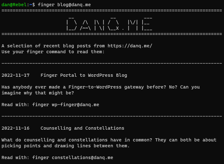 Screenshot showing this blog rendered as plain text as the result of running finger blog@danq.me at a Linux terminal.