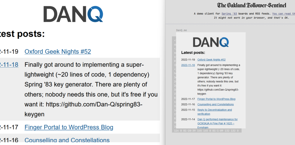 Screenshots showing STS-6, listing the most-recent blog posts on DanQ.me, in two different display styles.