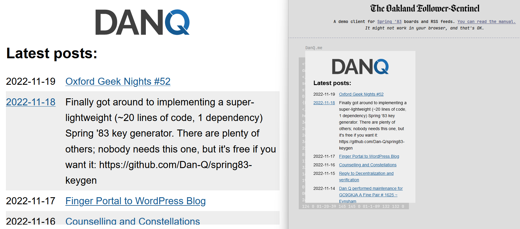Full image of Screenshots showing STS-6, listing the most-recent blog posts on DanQ.me, in two different display styles.