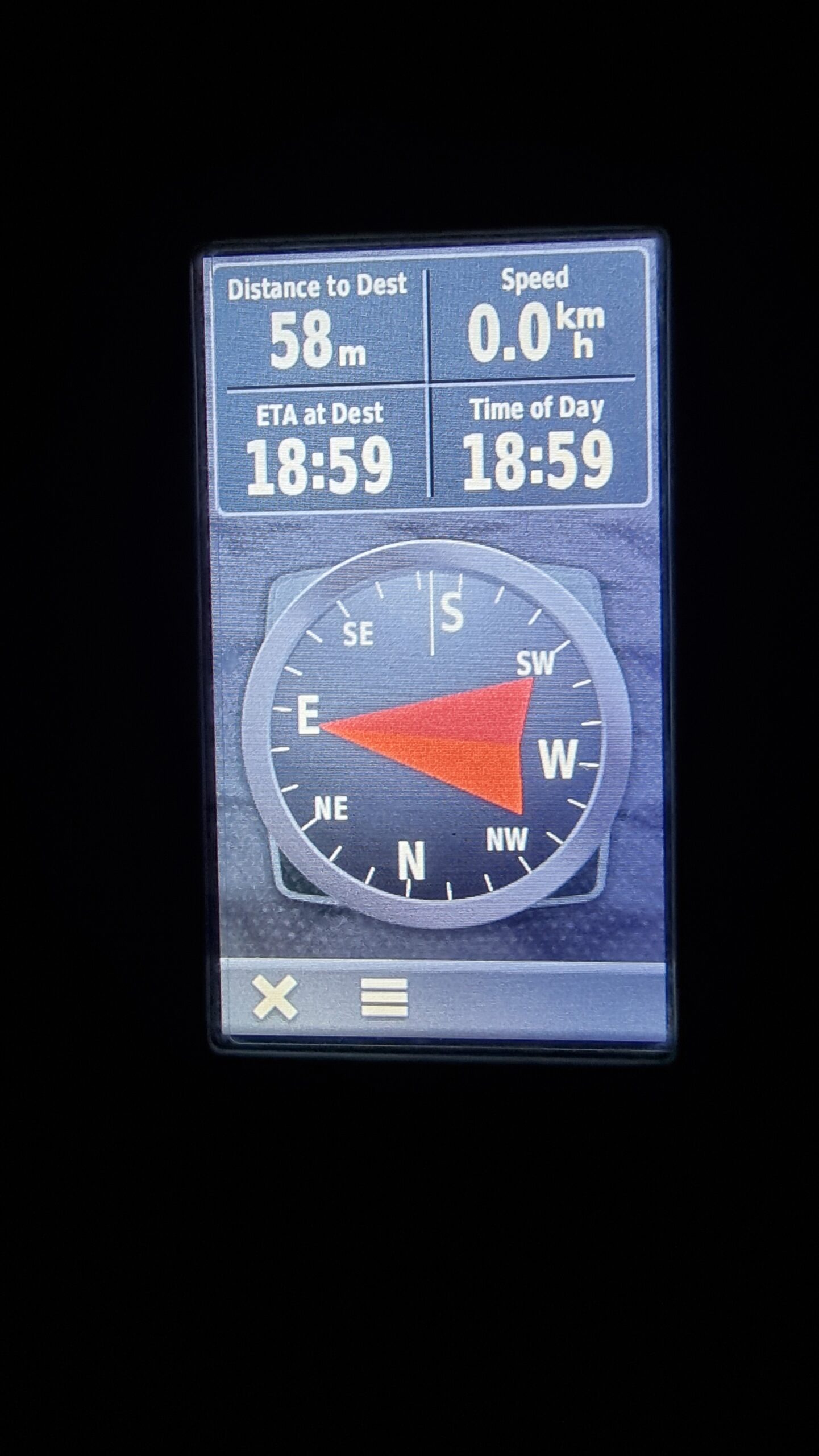 Full image of GPS receiver showing 58 metres to a destination to the East.