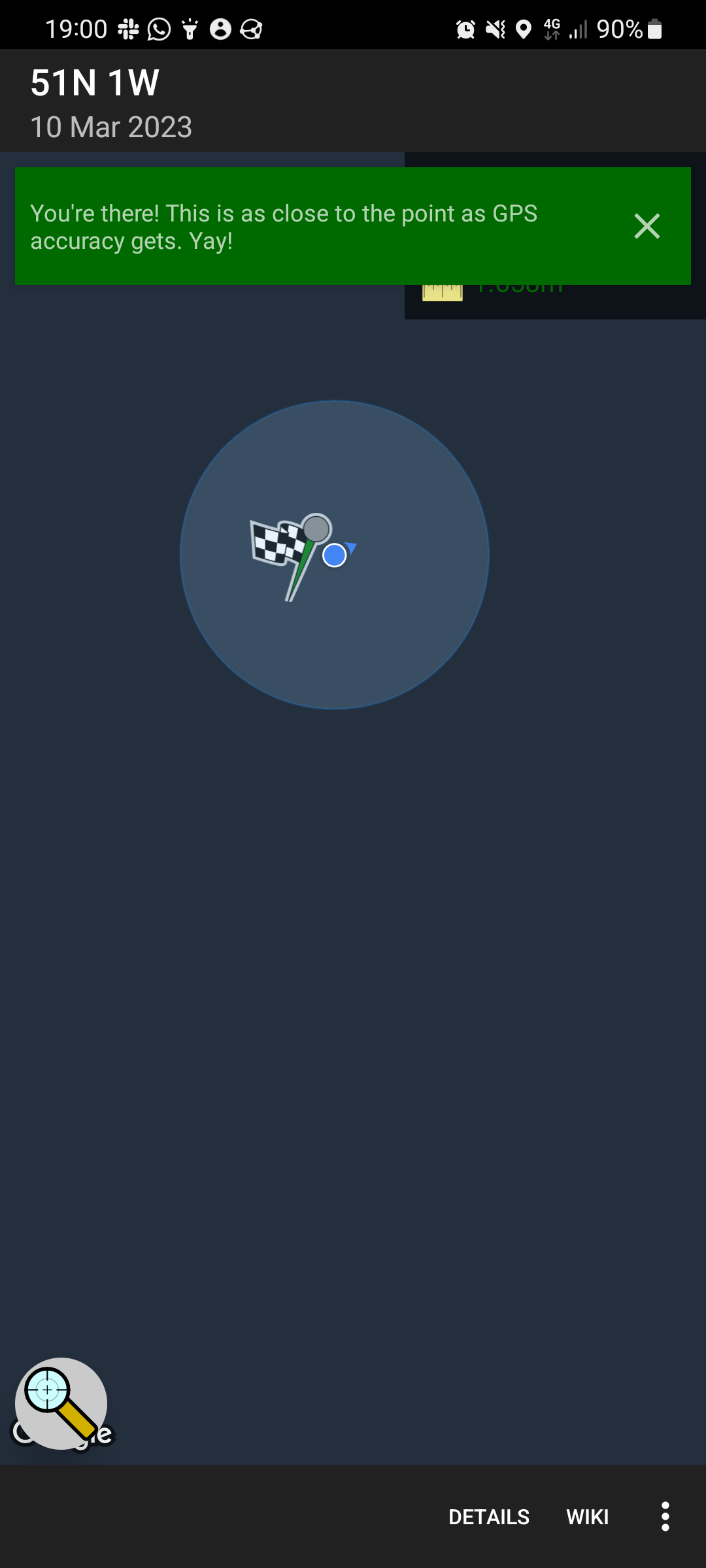 Full image of Geohashdroid screenshot showing a distance of ~1.5 metres to the hashpoint.
