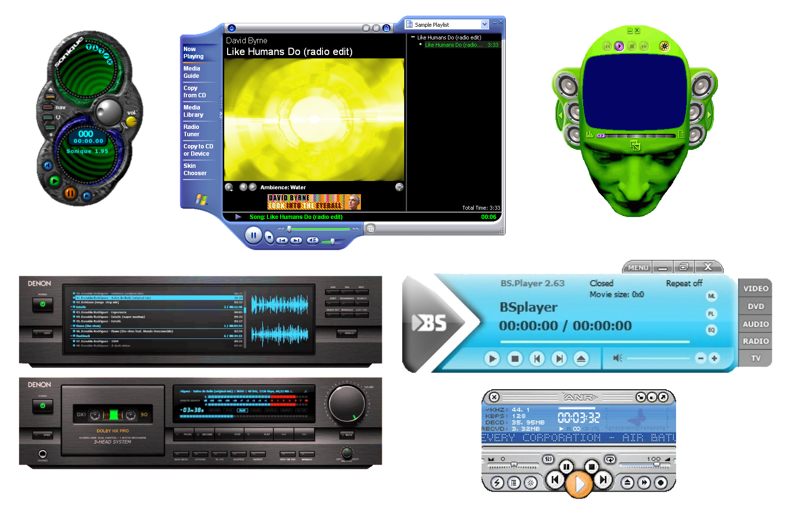 Full image of Composite screenshot showing Sonique, Windows Media Player and BSplayer music players, among others, in a variety of windows that are either unusually-shaped, look like conventional Hi-Fis, or both.
