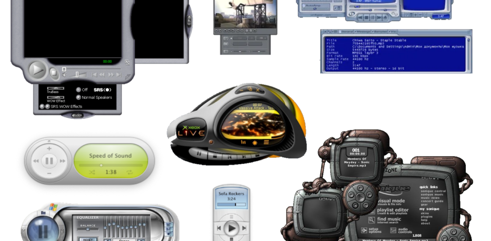 Composite screenshot showing Windows Media Player, the (old) iTunes companion widget, KMPlayer, and other media players. All of them have unusually-shaped windows, often with organic corners.