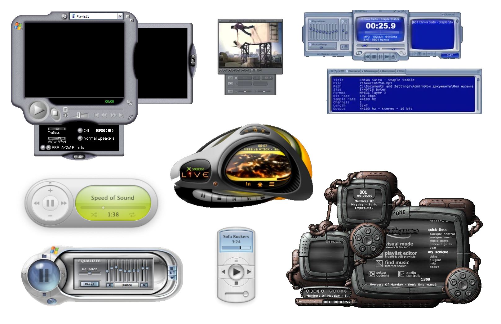 Full image of Composite screenshot showing Windows Media Player, the (old) iTunes companion widget, KMPlayer, and other media players. All of them have unusually-shaped windows, often with organic corners.