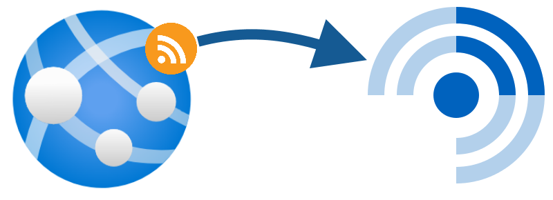 Illustration showing a web application with an RSS feed; the RSS feed is sending data to my RSS reader (represented by FreshRSS's icon).