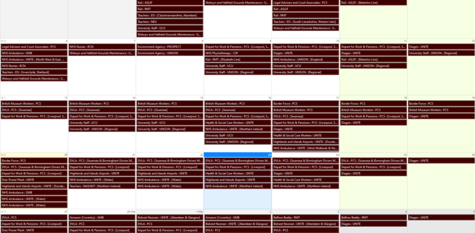Screenshot showing a Thunderbird calendar popularted with strikes on every day in February.