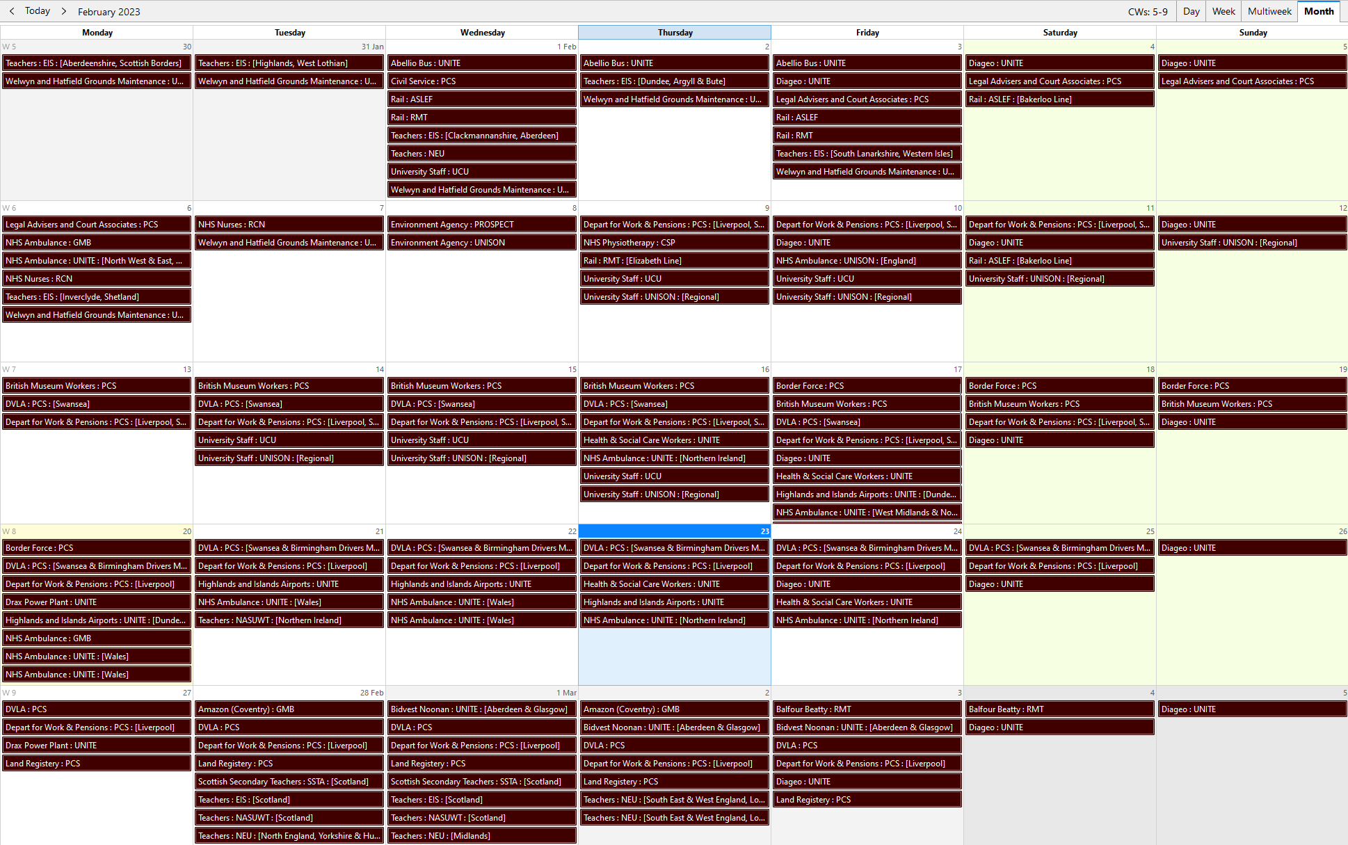 Full image of Screenshot showing a Thunderbird calendar popularted with strikes on every day in February.