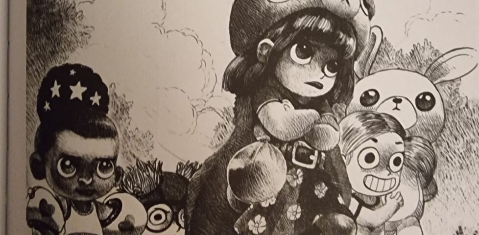 Inked pencil sketch showing a resolute-faced young girl - Bea Wolf - in a teddy-bear hat, flowerprint dress, and star-spangled boots, standing cross-armed amongst four of her friends. Above, a line of text ends a quote, reading "Your leader sparkles with power and also with sparkles."