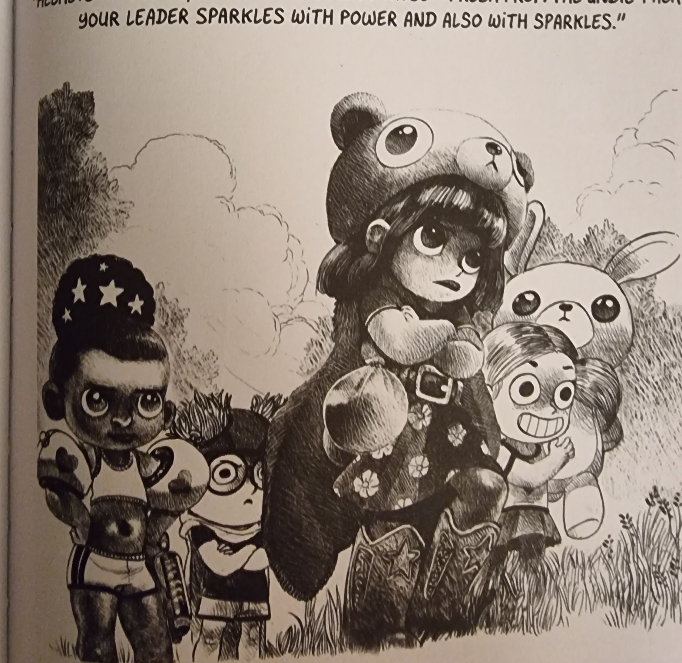 Full image of Inked pencil sketch showing a resolute-faced young girl - Bea Wolf - in a teddy-bear hat, flowerprint dress, and star-spangled boots, standing cross-armed amongst four of her friends. Above, a line of text ends a quote, reading "Your leader sparkles with power and also with sparkles."