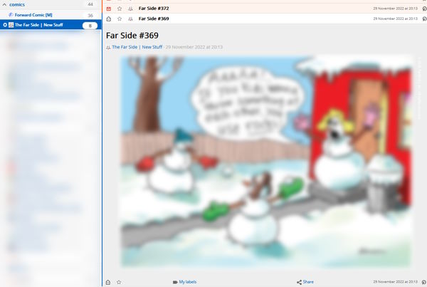 Screenshot showing new content from The Far Side in my FreshRSS reader.