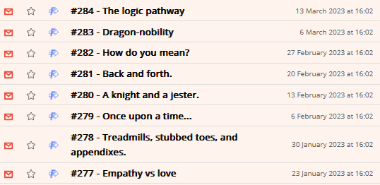 Screenshot showing RSS feed items: recent Forward episodes including their numbers, titles, and publication dates.