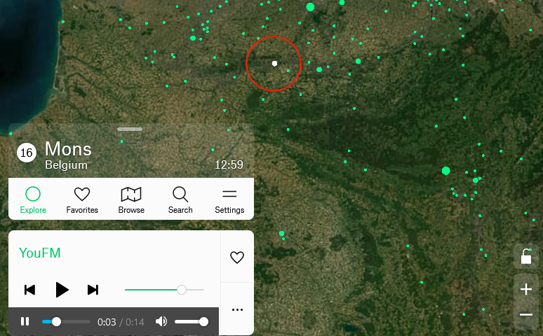 Screenshot showing radio.garden tuned into YouFM in Mons, Belgium. An additional player control interface appears below the original one.