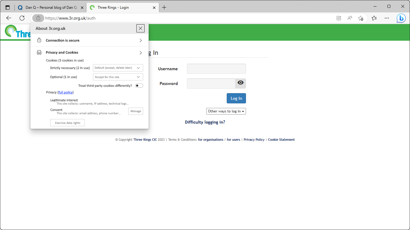 Full image of Fabricated screenshot from Microsoft Edge, browsing 3r.org.uk: a "privacy" icon in the address bar has been clicked, and the resulting menu says: About 3r.org.uk. Connection is secure (with link for more info). Privacy and Cookies (with link for more info). Cookies (3 cookies in use) - Strictly necessary (2 in use), dropdown menu set to "Default (accept, delete later)"; Optional (1 in use), dropdown menu set to "Accept for this site". Checkbox for "Treat third-party cookies differently?", unchecked. Privacy (link to full policy): Legitimate interest - this site collects username, IP address, technical logs...; Consenmt - this site collects email address, phone number... Button to manage content. Button to "Exercise data rights".