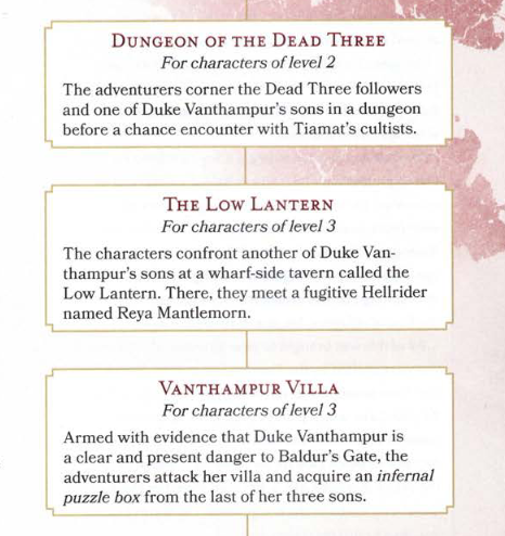 Scan from the D&D 5e adventure book "Descent into Avernus", showing a linear progression from the Dungeon of the Dead Three to The Low Lantern to Vanthampur Villa. In each case, player motivation is supposed, e.g. "The characters confront another of Duke Vanthampur's sons", "the adventurers attack her villa", etc.