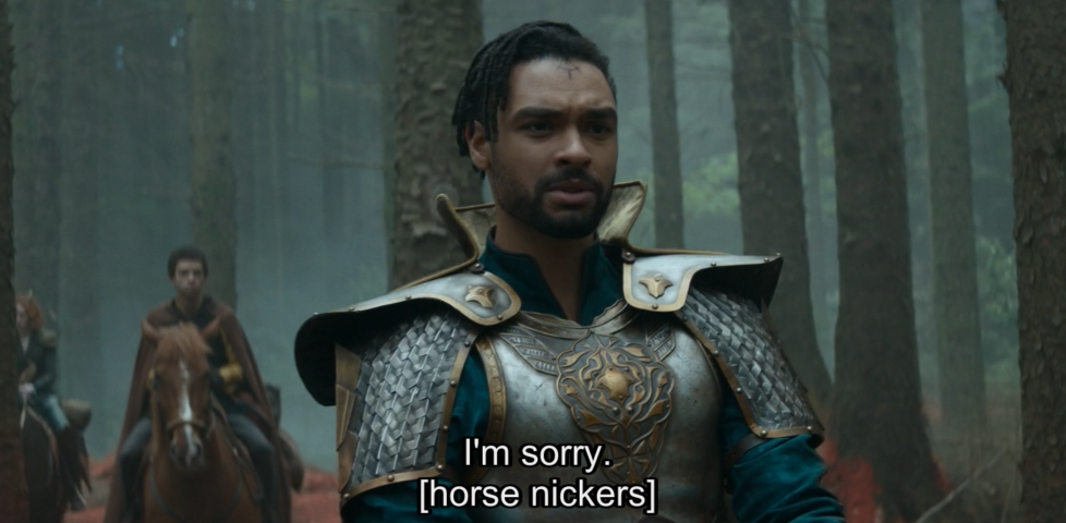 Screengrab from Dungeons & Dragons: Honor Among Thieves. Paladmin Xenk Yendar, played by Regé-Jean Page, rides his horse through a forest. It's subtitled with him saying "I'm sorry." and also "[horse nickers]".