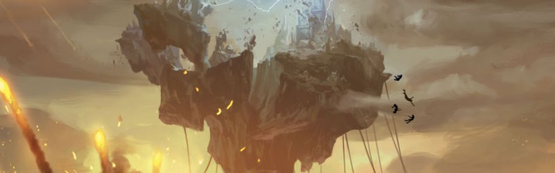 Four humanoid silhouettes fling themselves off the side of a floating city, which is chained to a desert hellscape below.