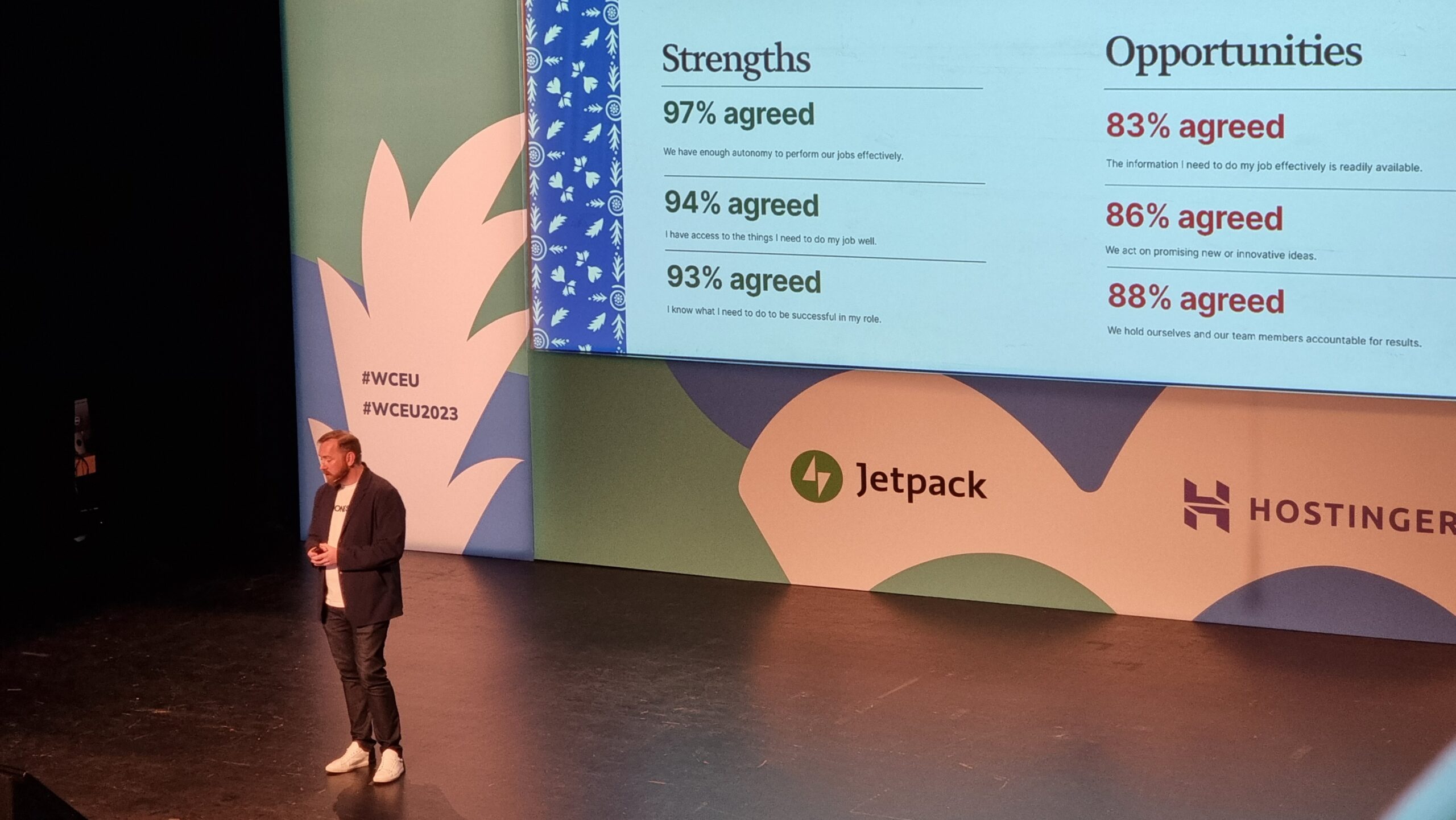 Full image of A man on a stage stands in front of a slide listing strengths and opportunities resulting from the survey.