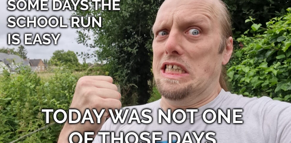 Dan, his face contorted in anger and his fist in the air, captioned "Some days the school run is easy. Today was not one of those days."