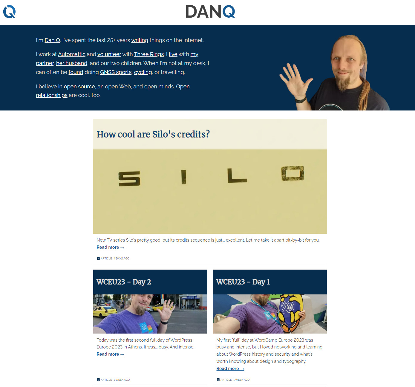 Full image of Screenshot showing the homepage of DanQ.me. The headline post is "How cool are Silo's credits?"