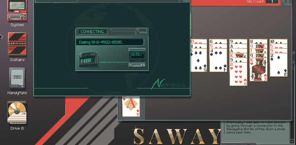 Screenshot of the game Last Call BBS, showing a fictional operating system initiating a dial-up connection to a BBS; a game of Solitaire can be seen in the background.
