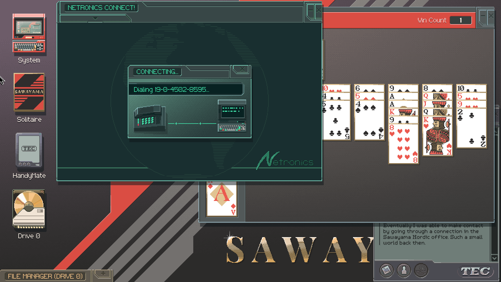 Full image of Screenshot of the game Last Call BBS, showing a fictional operating system initiating a dial-up connection to a BBS; a game of Solitaire can be seen in the background.