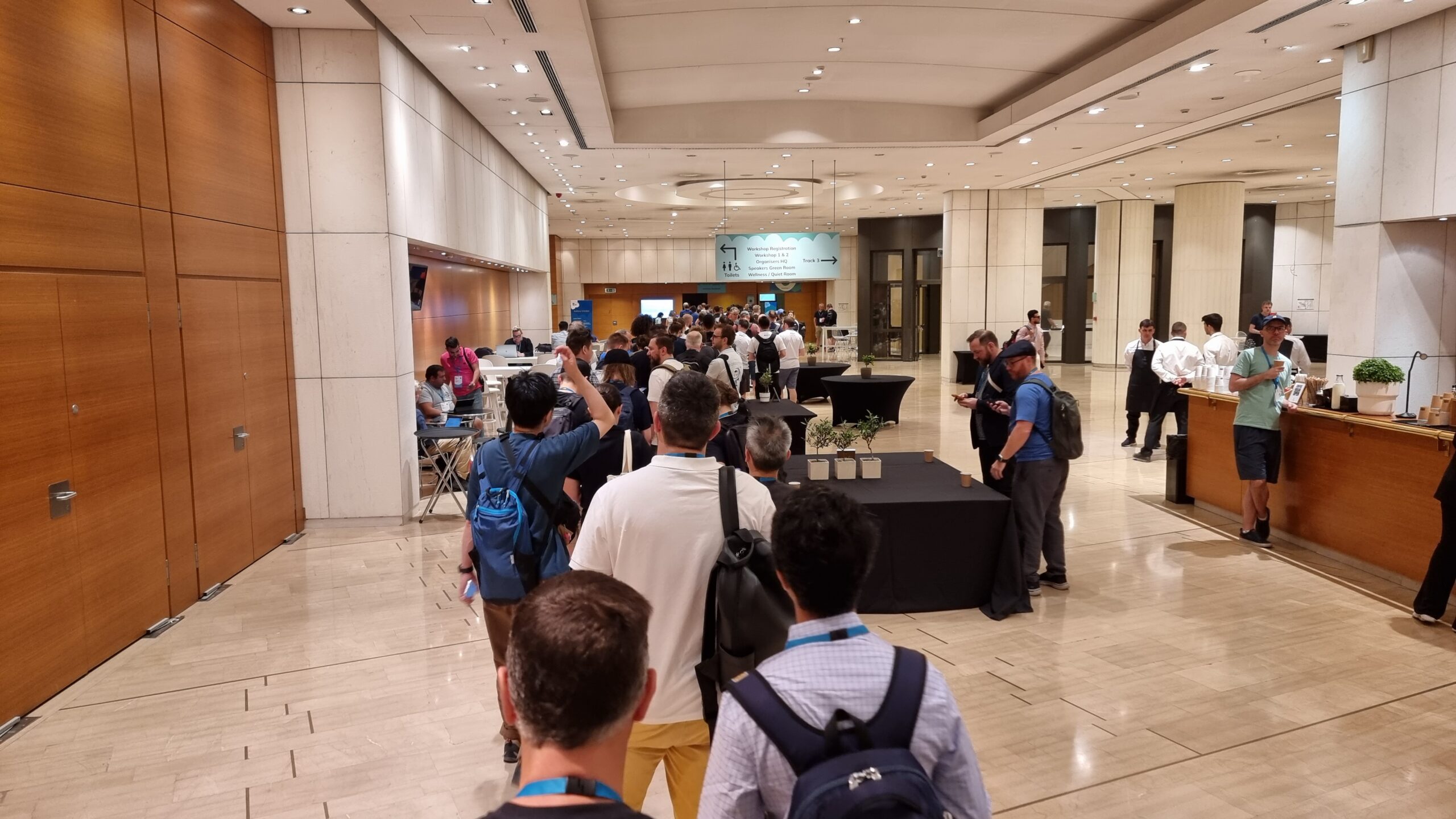 Full image of Seen from behind, a very long queue runs through a conference centre.