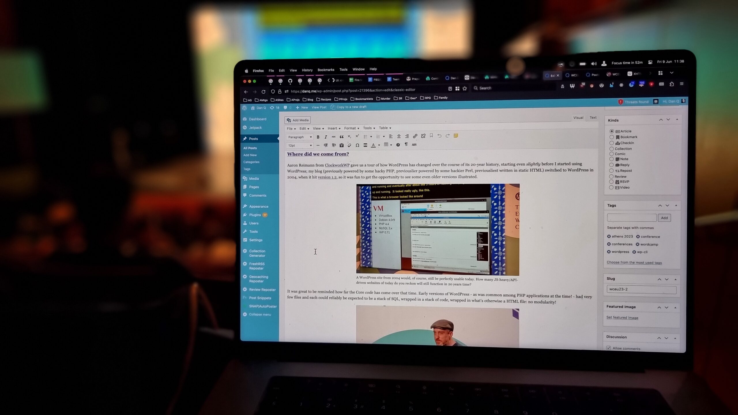 Full image of Screenshot showing a WordPress admin interface writing this blog post, with the stage in the background.