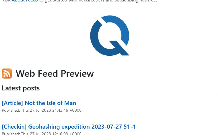 Screenshot of DanQ.me's RSS feed as viewed in Firefox, showing a "Q" logo and three recent posts.