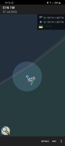 Screenshot from Geohashdroid, showing 51N 1W 27 Jul 2023 hashpoint 2.571m from the user.