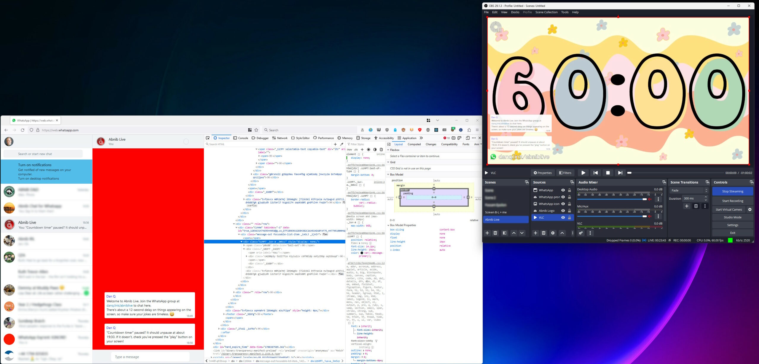 Full image of Screenshot showing OBS Studio window with Start Streaming enabled. The layers "VLC", "Abnib Logo", "WhatsApp icon", WhatsApp prompt", and "WhatsApp" are visible. Elsewhere on the screen, a WhatsApp Web view is visible, with its CSS tweaked to give it a red background, among other changes.