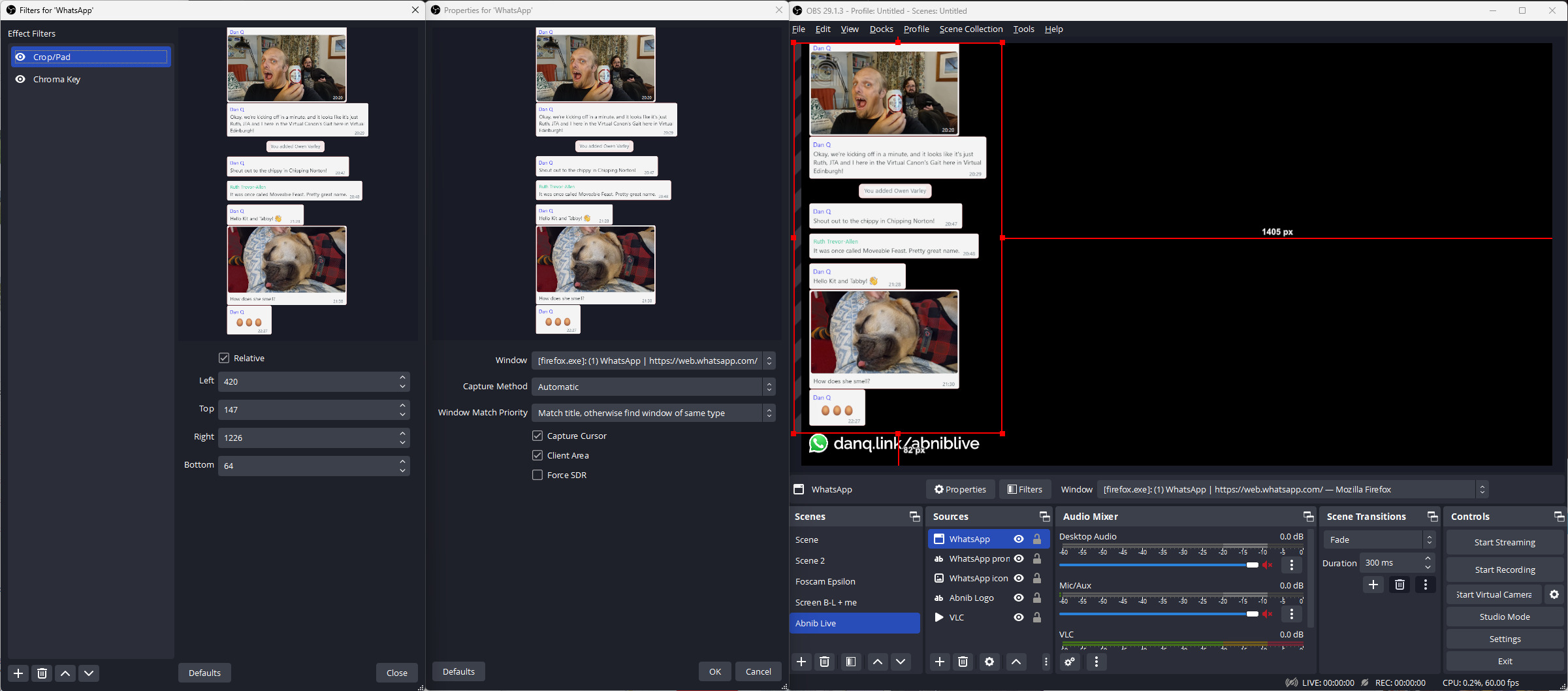 Full image of OBS Studio screenshot showing a WhatsApp Web (Window) source tied to a Firefox window and with Crop/Pad and Chroma Key filters applied.