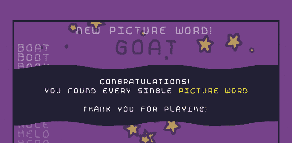 Screenshot showing a completed game of Woodward Draw; the final word was "goat".