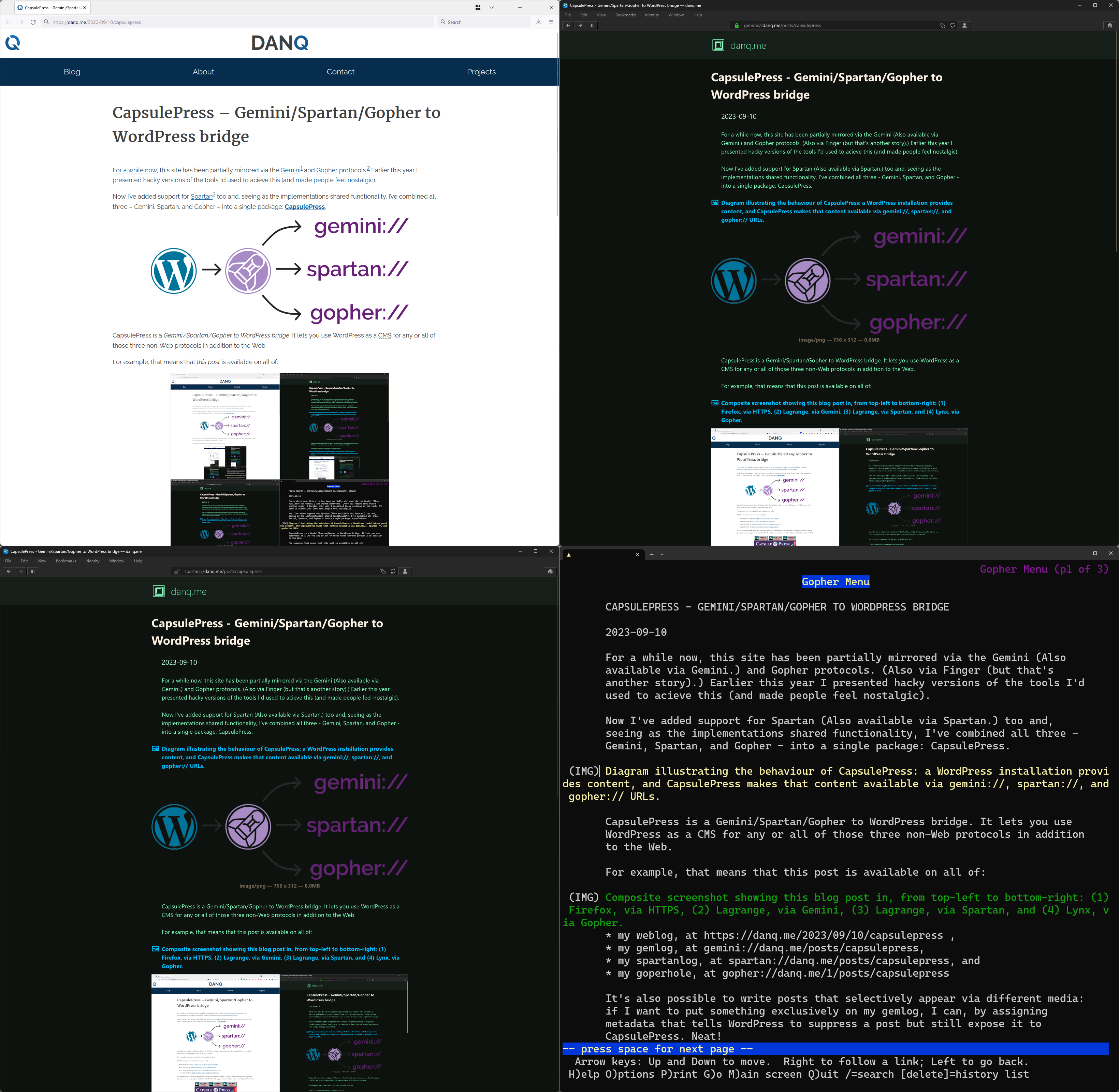 Full image of Composite screenshot showing this blog post in, from top-left to bottom-right: (1) Firefox, via HTTPS, (2) Lagrange, via Gemini, (3) Lagrange, via Spartan, and (4) Lynx, via Gopher.