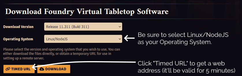 Screenshot from FoundryVTT showing where to find the "Timed URL" download link button.