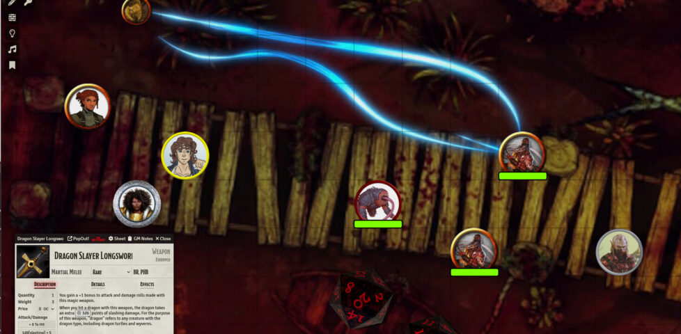 Screenshot from FoundryVTT, showing a party of three adventurers crossing a rickety bridge through a blood-red swamp, facing off against a handful of fiends coming the other way. A popup item card for a "Dragon Slayer Longsword" is visible, along with two 20-sided dice.